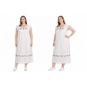 Vintage Style Womens Midi Dress Large White Floral Embroidered Cottagecore